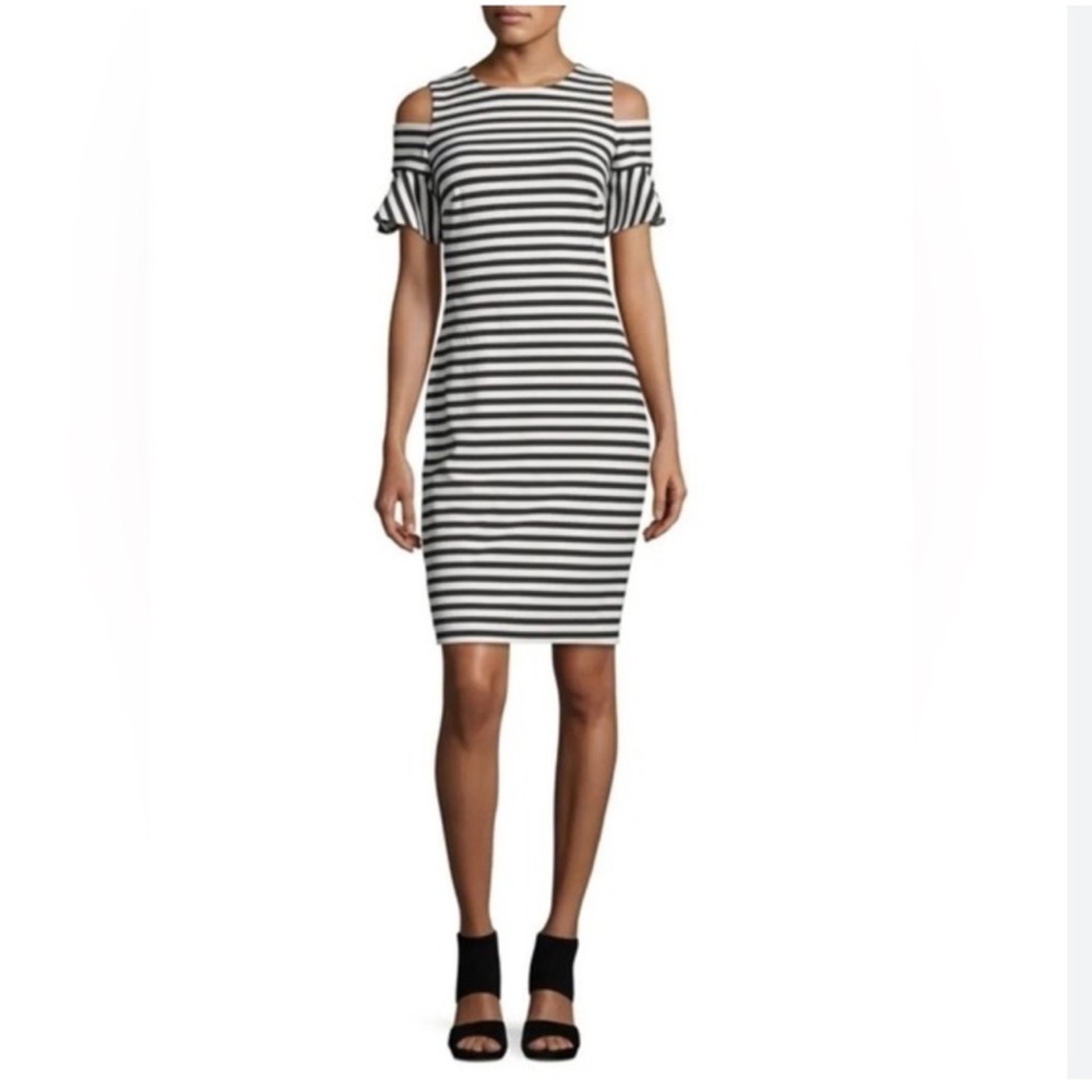 Calvin Klein Black and White Cold Shoulder Sheath Dress
